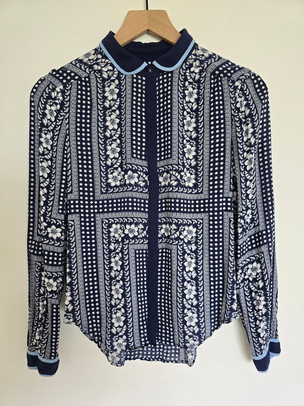 Anthropologie Maeve Art House Navy Blue Peter Pan Collar Blouse Size 2